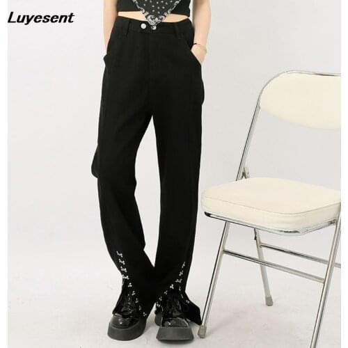 Black Punk Lady Korean Fashion Jeans Summer Women Button Fly Buckle Split Gothic Harajuku Long Pants Straight Pocket Trousers