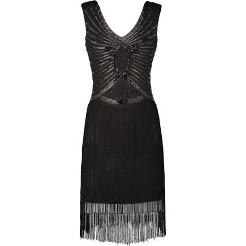 Women Little Black Dress V Neck V Back Sleeveless 1920s Style Inspired Charleston Sequin Layer Tassel Great Gatsby Flapper Dress
