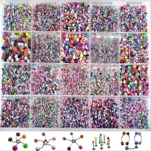 110pcs/Lots Mixed Acrylic Assorted Ball Tongue Nipple Bar Ring Barbell Piercing Tongue Stainless Steel Body Jewelry Wholesale