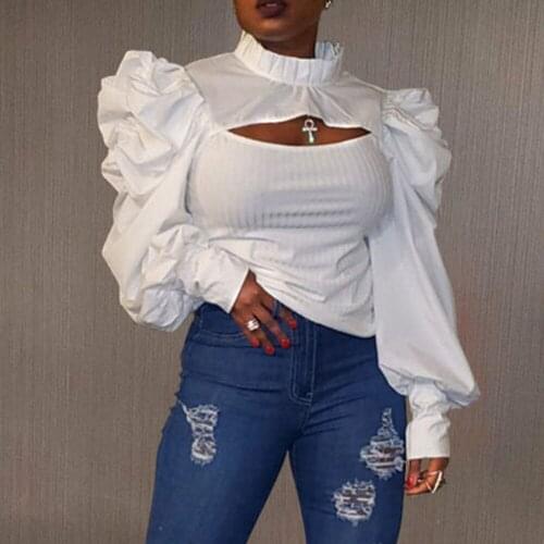 Spring Summer 2021 Western Style Blouse New Explosion Temperament Casual Solid Color Fashion Hollow Out Puff Sleeve Round Neck