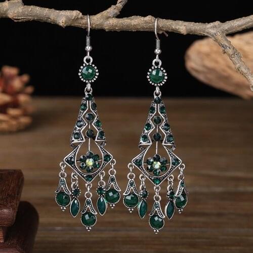Bohemia Gypsy Retro Black Geometry Earring For Women Ethnic Summer Green Rhinestone&Stone Beaded Dangling Earrings Turk Jewelry