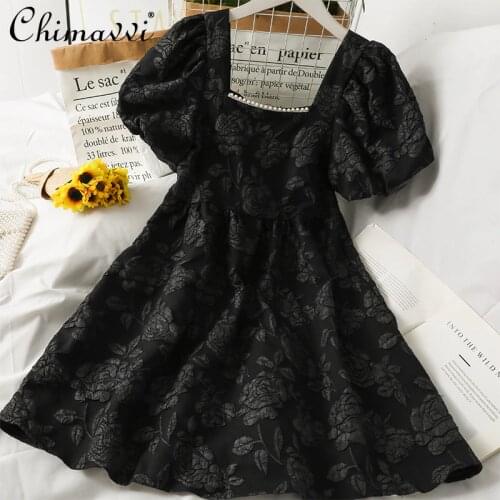 Elegant Court Style Sexy Beaded Square Collar Fashion Mid-Length Dress Womens All-matching Printed Puff Sleeve A- Line Dress