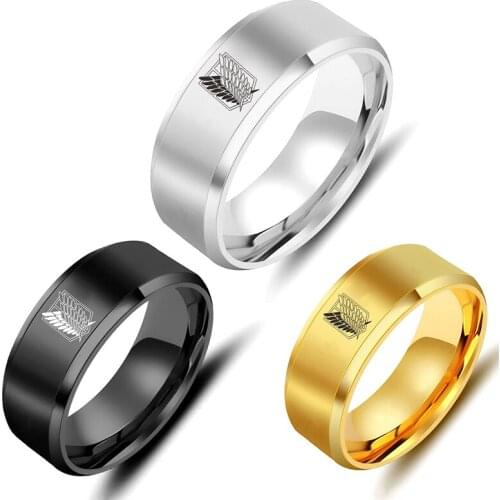 Hot Anime Attack on Titan Black sliver Stainless Steel Ring Wings Of Liberty Flag Finger Rings For Men Women Jewelry Fans Gifts