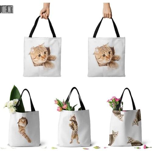 3D Printing Funny Cat Canvas Handbag Women Casual Daily Large Capacity Shopper Bag With Zipper Foldable Eco Friendly Grocery Bag
