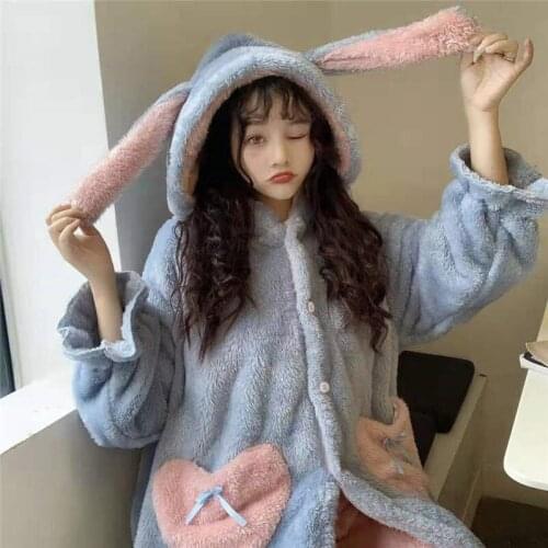 Hstar Women Winter Thick Coral Velvet Kawaii Rabbit Ears Nightgowns Pocket Girls Homewear Korean Femme Sleepshirts Nightdress