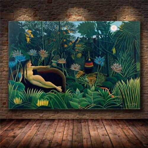 Henri Rousseau Art Dream by Surrealist Artist Canvas Print Painting Naked Woman Tropical Rain Forests Animal Home Decor Unframed