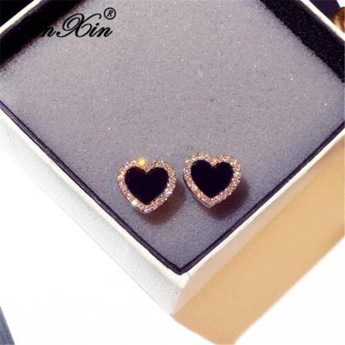 Korean Style Black Stone Lover Heart Stud Earrings For Women Rose Gold Vintage Party Wedding Ear Studs Christmas Jewelry Gifts