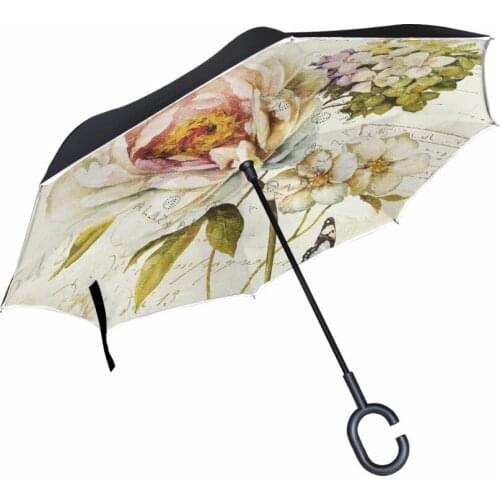Reverse Umbrella With Vintage Oil Painting Flower Double Layer Inverted Umbrella High Quality Fashion Customized For Travel