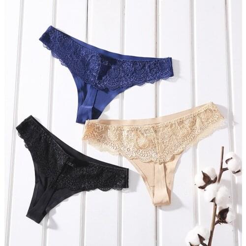 Sexy cozy ice silk thong patchwork lace jacquard low-rise t-back pantiesof women soft breathable erotic lingerie female G-string