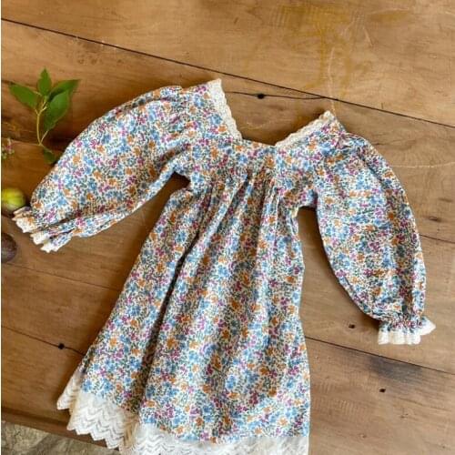 2021 Korea style girls printed dress fashion cotton linen full sleeve autumn girls dresses