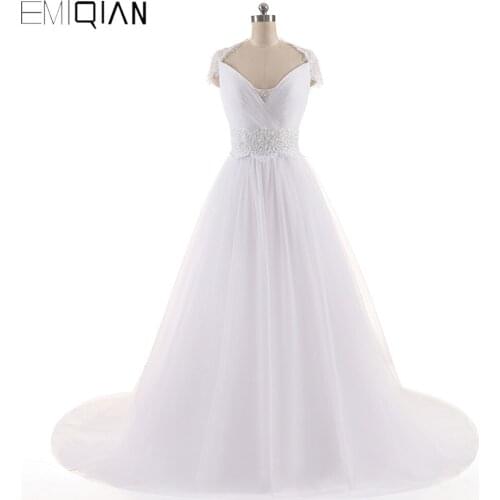 Robe de Marige Cheap Elegant A Line V Neck Cap Sleeves Bridal Wedding Dresses Tulle & Lace Bridal Gowns