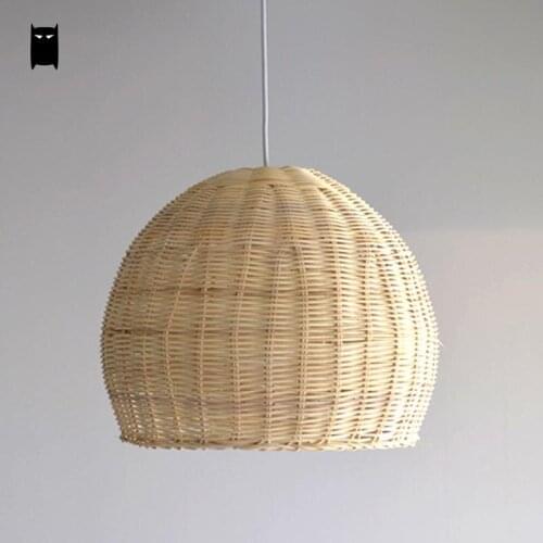 Hand-woven Wicker Rattan Round Basket Shade Pendant Light Fixture Cord Asian Japanese Hanging Lamp for Home Dining Table Room
