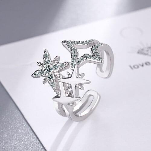 Silver Plated Wide Face Star Zircon Ring Opening Adjustable Ring Charm Womens Daily Leisure Party Jewelry Accessories