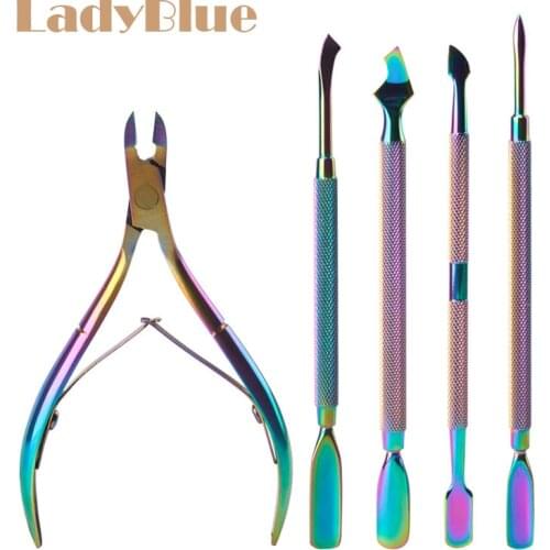 Rainbow Cuticle Nipper Nail Scissors Clippers Dead Skin Remove Pusher Clean Manicure Tools Stainless Steel Nail Set Cuticle Tool