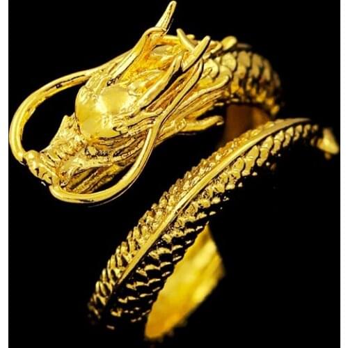 Adjustable Gothic Punk Rock Mystic Flying Chinese Dragon Shenlong Open Ring Gold Tone Men Jewelry Gift