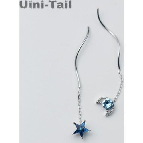 Uini-Tail hot new 925 sterling silver temperament asymmetry small fresh blue long paragraph stars wave wave ear GN473
