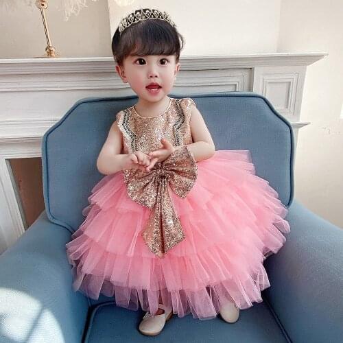 Birthday party banquet evening dress foreign trade children Summer 2021 new cute baby girl puffy bow pure color princess dress