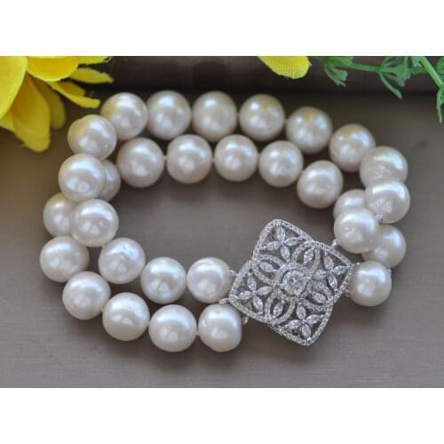 Z10909 2Row 8" 13mm White Round Freshwater Pearl Bracelet CZ