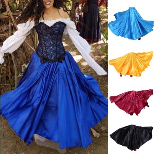 2020 Halloween Carnival Women Renaissance Medieval Skirt Solid Color Satin Silk Gothic Witch Gypsy Girls Belly Flamenco Skirts