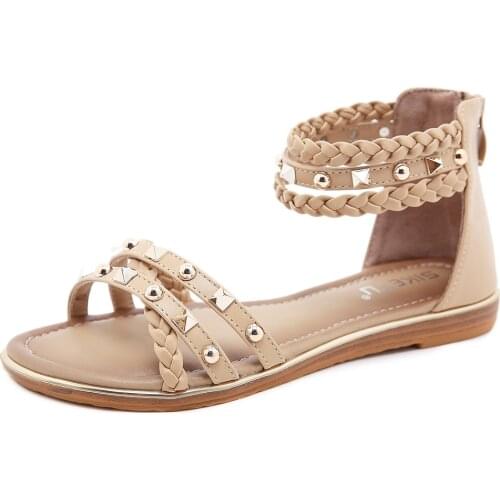 Retro Rivet Roman Sandals Women Summer 2021 New Bohemian Ethnic Wind Braided Cross Strap Flat with Travel Womens Shoes