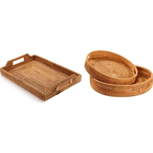 1x Rattan Woven Storage Fruit Basket 14.5X10.2 Inches & 2x Rattan Handwoven Round High Wall Severing Tray (S+L)