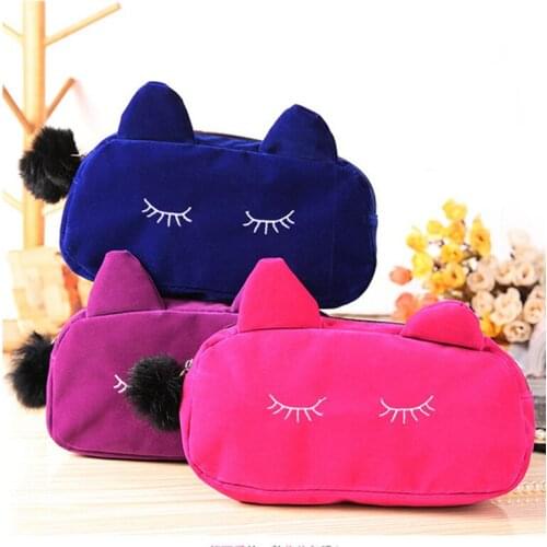 1pc Portable Colorful Cartoon Cat Design Capacity Storage Case Travel Makeup Flannel Pouch Cosmetic Bag Makeup Bag Gift