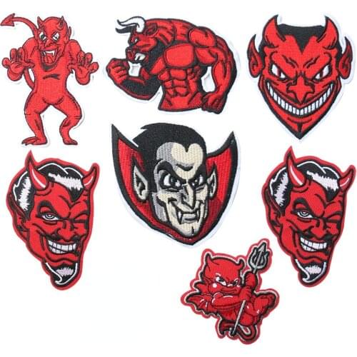 2pcs Devil Imp Embroidery Cloth Stickers Red Fire Head Vampire Badge Iron On Patches DIY Sewing Embroidered Patches For Clothes