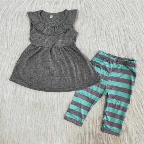 Toddler Kids Outfits Gray Sleeveless Vest Skirt Green Striped Pants Baby Girls Summer Sets Childrens Hot Sale Wholesale Boutique