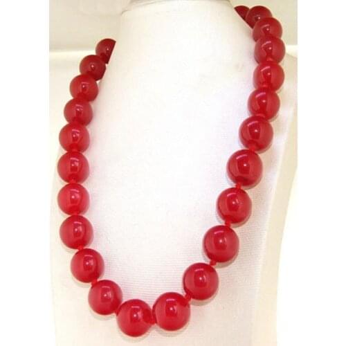 Long 18"14mm Red Jade Gemstone Round Beads Necklace