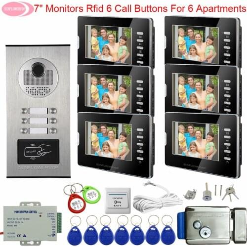 Video Door Phone Intercom For 6 Apartments 7inch Video Intercom White/Black Access Control Home Security + Electronic Door Lock