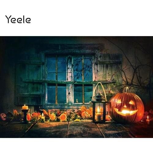Yeele Halloween Backdrop Vintage House Window Pumpkin Lantern Wood Floor Photographic Photography Background Photocall Prop