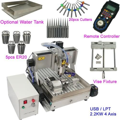 2.2KW USB 4Axis CNC Router 6040 Engraver Metal Wood Cutting Milling Machine Water Tank with MACH3 Remote Controller Fixture Vise