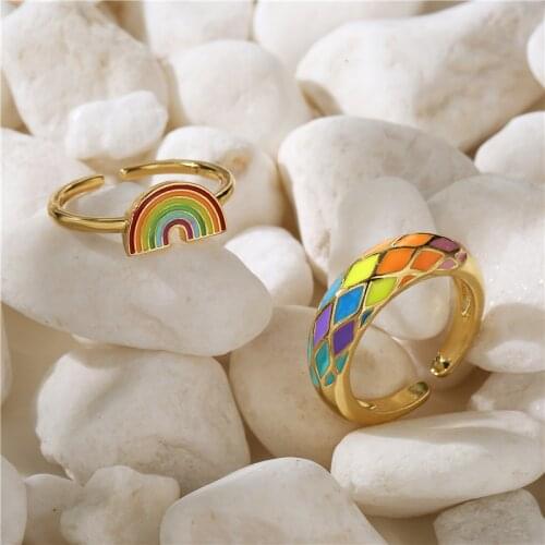 HECEHNG,Rainbow Rings,Colorful Geometry wedding Engagement Ring femme Women for ring party gift charm Rhinestone ins Jewelry