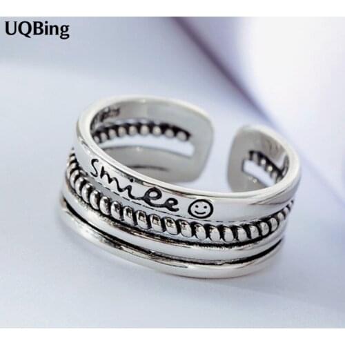 925 Sterling Silver Retro Vintage Letter Smile Face Rings for Women Statement Rings Wedding Jewelry Girls Party Gifts