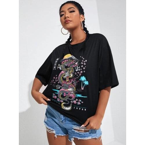 Japanese Style Fashion Dragon Flower Graphic Tee Cool Grunge Harajuku Hipster Vintage Unisex Women Black T-Shirt Tops