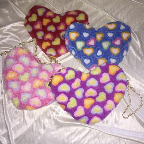 Fashion Heart-shaped Women Purse Handbags Contrast Color Ladies Chain Crossbody Bags Cute Plush Cool Girls Small Shoulder Bags