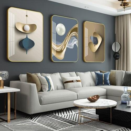 Modern Style Living Room Background Hanging Paintings Metal Round Corner Border Triptych Mural Hotel Lobby Decoration Painting