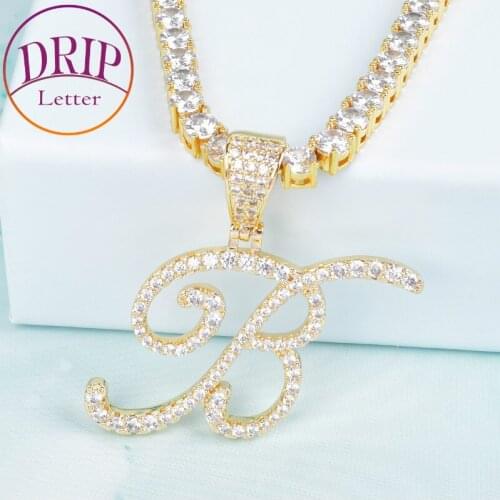 Cursive Letter Necklaces Gold Color Zircon Pendant For Men/Women Fashion Hip Hop Jewelry With 4mm Tennis Chain