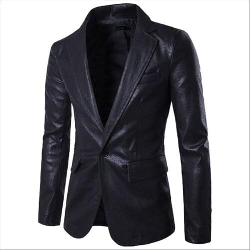New PU Leather Blazer Jacket Men Slim Fit Single Button Leather Jacket Fashion Wedding Party Jacket Male Outwear Black Red White