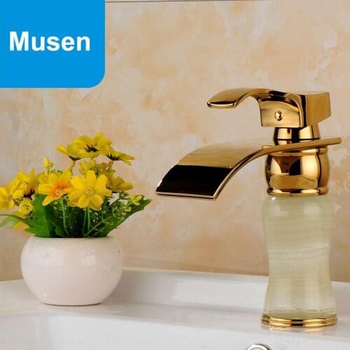 Luxury Unique Golden With Marble Finishing Hot Cold Tap Waterfall Faucet Bathroom