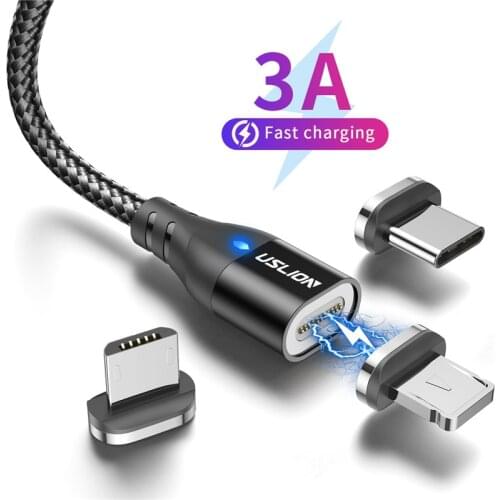 USLION LED Magnetic Cable Micro 540 Rotation 2020 New USB To Type C 3A Fast Charging For iPhone 11 Pro XS Max Samsung Huawei