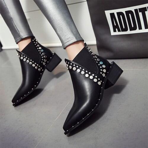 Retro Punk Rivets Faux Leather Booties Thick Heel Black Ankle Women Boots Studded Decorated Woman Boots Motorcycle Size 35-41