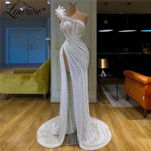 Sequins Beading Evening Dresses For Weddings Sexy High Split Side Middle East Prom Dress Celebrity Party Gowns Robe De Soiree