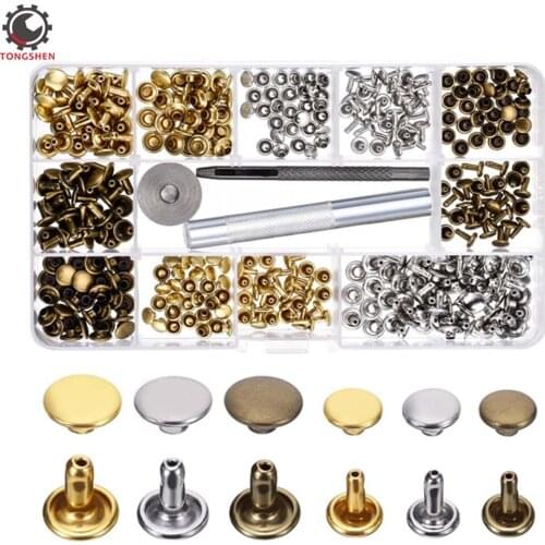 180Set 2Sizes Leather Rivets Metal Double Cap Round Rapid Rivet Tubular Metal Spike Studs with 3Pcs Fixing Tool for DIY Leather