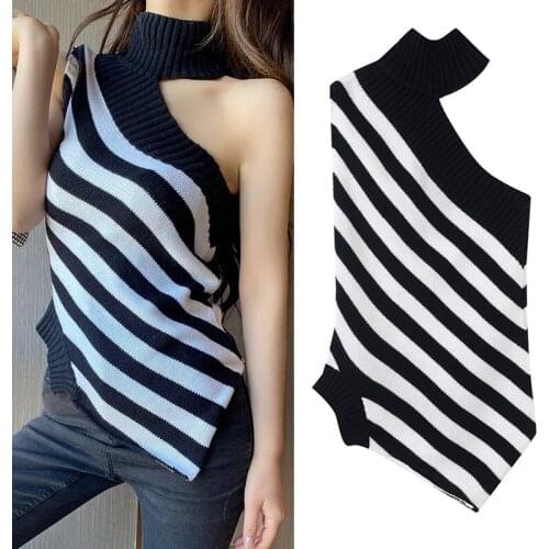 2020 spring summer women sexy sleeveless one shoulder turtleneck white black striped knitted sweaters pullover knitted top JC452