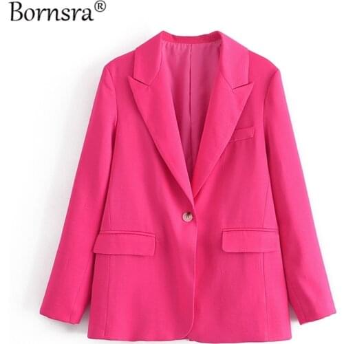Bornsra Women Solid Pink Blazer Coat Vintage Notched Collar Pocket 2021 Fashion Female Casual Chic Tops Spring/Autumn Blazer
