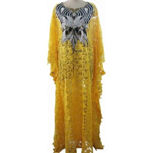 Bust 126cm Length 141cm Super Size New African Womens Dashiki Fashion Water-soluble Lace Loose Beaded Embroidery Long Dress