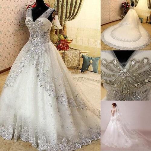 2019 New Luxury Crystal Zuhair Murad Wedding Dresses Lace V Neck Sheer Strap SWAROVSKI Bridal Gowns Cathedral Train Free Pettico