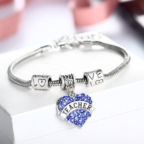 12PC/Lot Hot Blue Crystal Rhinestone Heart Teacher Bracelet Chain Love Beads Bracelets For Women Men Jewelry Teachers Day Gifts