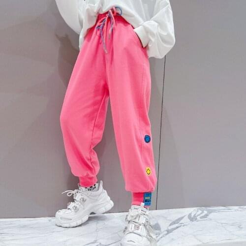 2021 Girls Spring And Autumn Sweatpants Childrens Casual Pink Gray Cotton Trousers Jogging Sweatpants Cartoon Smiley Trousers